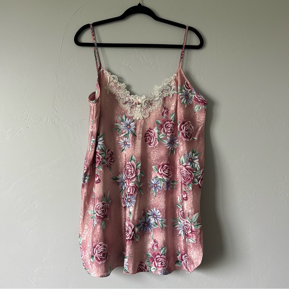 Vintage Pink Floral Embossed Lace Trim Satin Slip Dress Cottage Romantic
